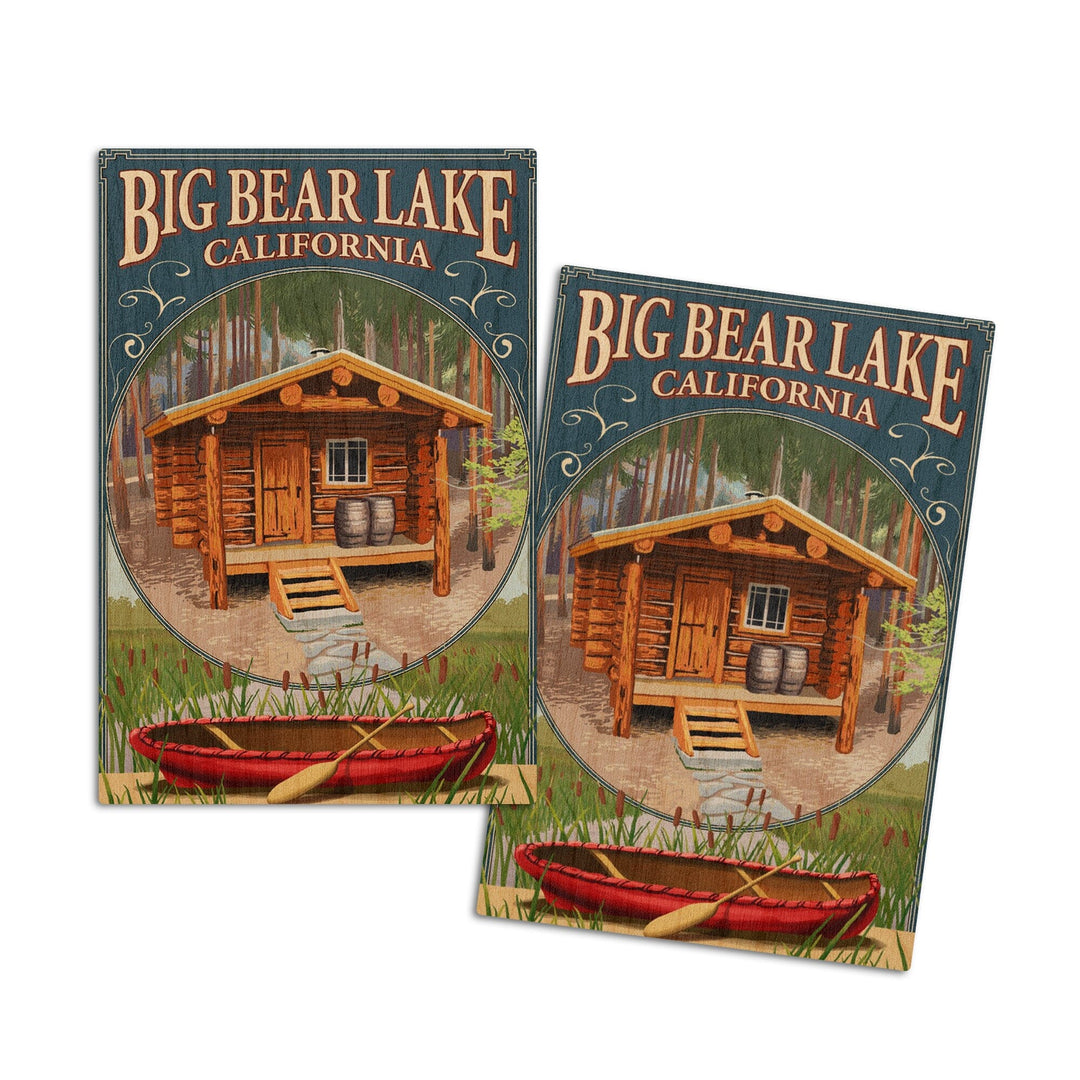 Big Bear Lake, California, Cabin in Woods Montage, Lantern Press Artwork, Wood Signs and Postcards Wood Lantern Press 4x6 Wood Postcard Set 