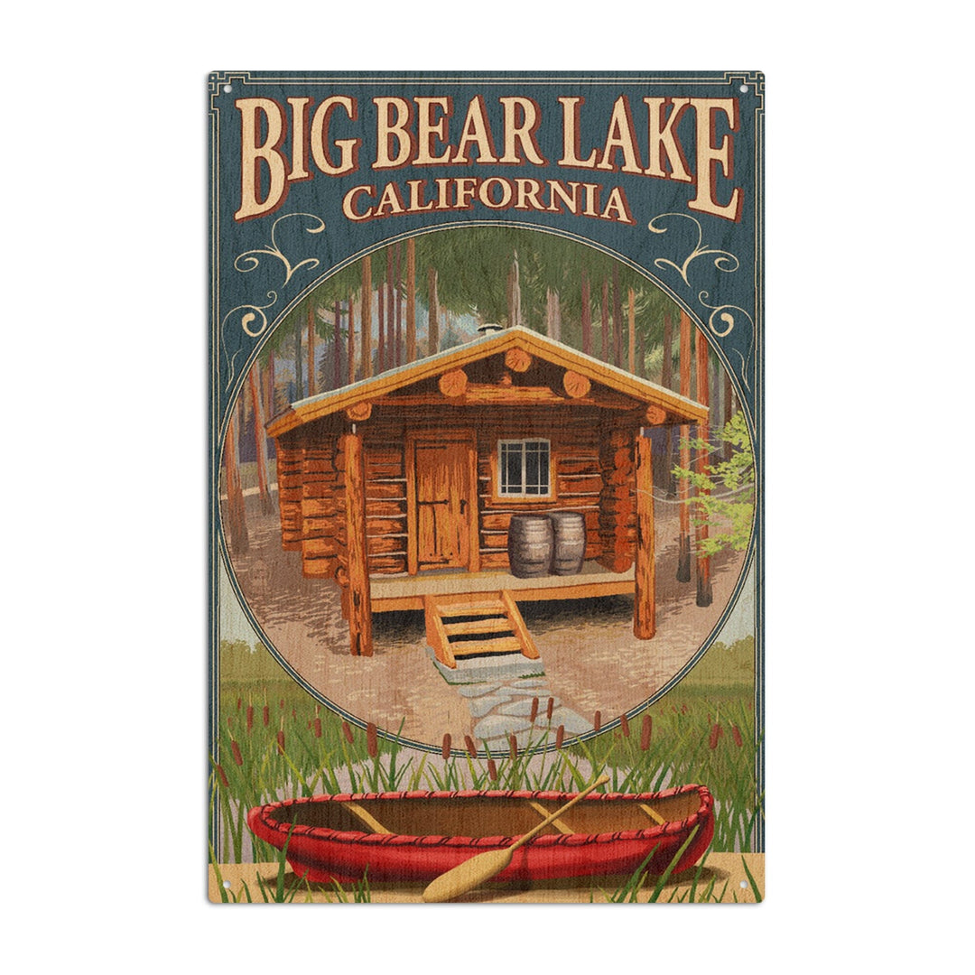 Big Bear Lake, California, Cabin in Woods Montage, Lantern Press Artwork, Wood Signs and Postcards Wood Lantern Press 6x9 Wood Sign 