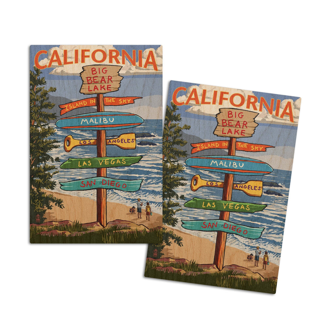 Big Bear Lake, California, Destination Signpost, Lantern Press Artwork, Wood Signs and Postcards Wood Lantern Press 4x6 Wood Postcard Set 