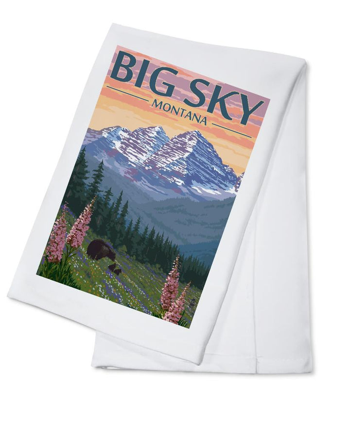 Big Sky, Montana, Bear & Spring Flowers, Lantern Press Artwork, Towels and Aprons Kitchen Lantern Press Cotton Towel 