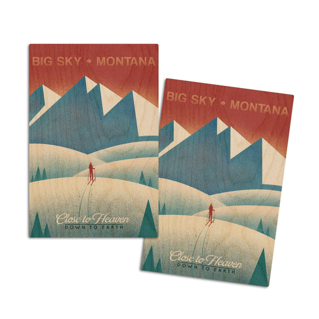 Big Sky, Montana, Skier In the Mountains, Litho, Lantern Press Artwork, Wood Signs and Postcards Wood Lantern Press 4x6 Wood Postcard Set 