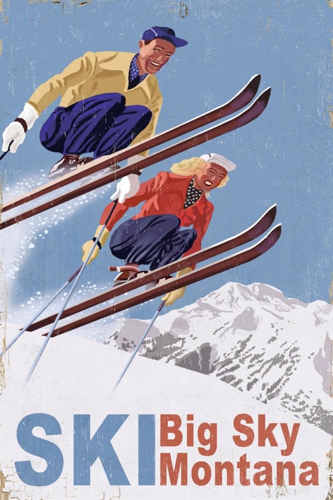 Big Sky Montana, Vintage Skiers, Art Prints and Metal Signs Art Lantern Press 12 x 18 Art Print 
