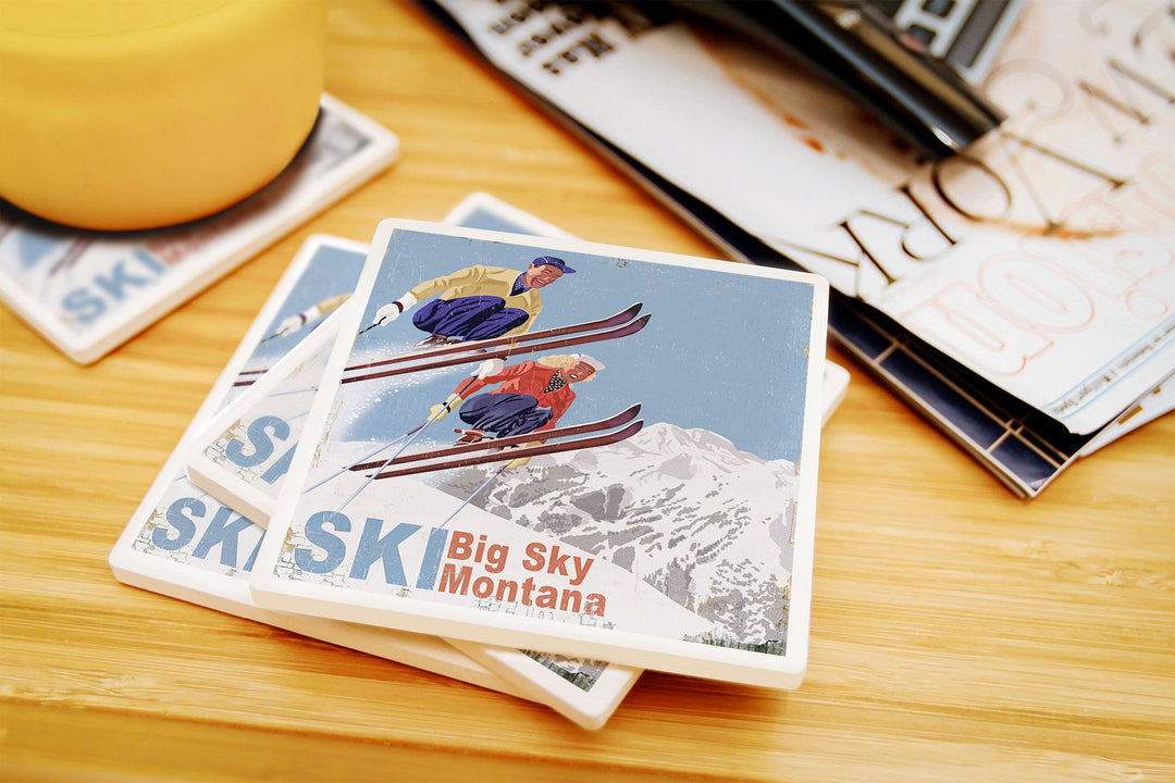 Big Sky Montana, Vintage Skiers, Coaster Set Coasters Lantern Press 