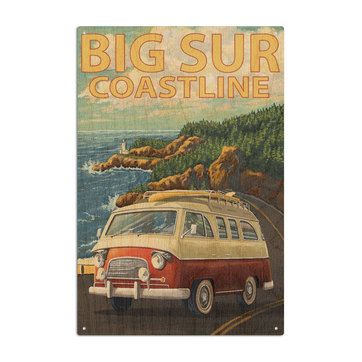 Big Sur, California, Camper Van, Lantern Press Artwork, Wood Signs and Postcards Wood Lantern Press 10 x 15 Wood Sign 