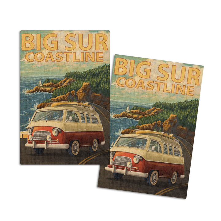 Big Sur, California, Camper Van, Lantern Press Artwork, Wood Signs and Postcards Wood Lantern Press 4x6 Wood Postcard Set 