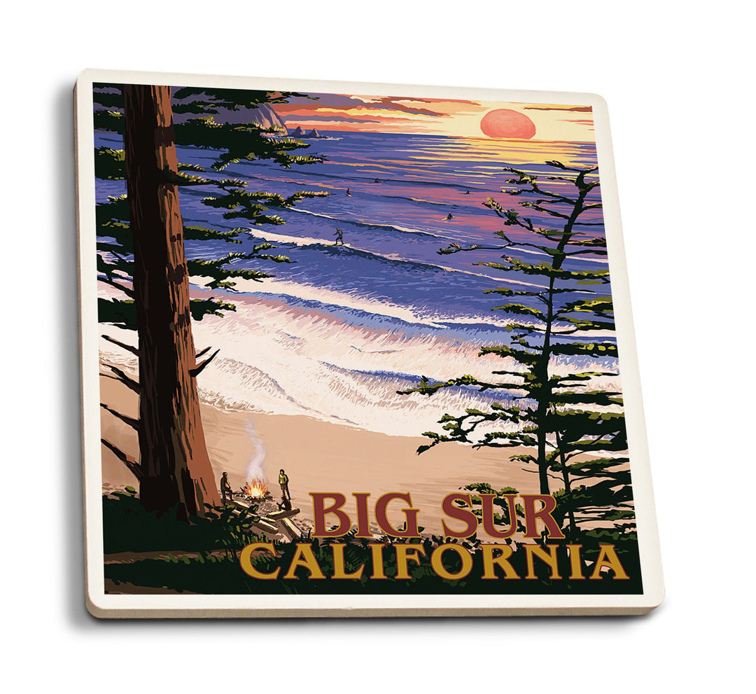 Big Sur, California, Surfing and Sunset, Lantern Press Artwork, Coaster Set Coasters Lantern Press 