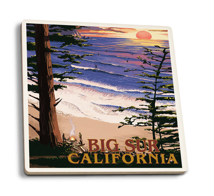 Big Sur, California, Surfing and Sunset, Lantern Press Artwork, Coaster Set Coasters Lantern Press 
