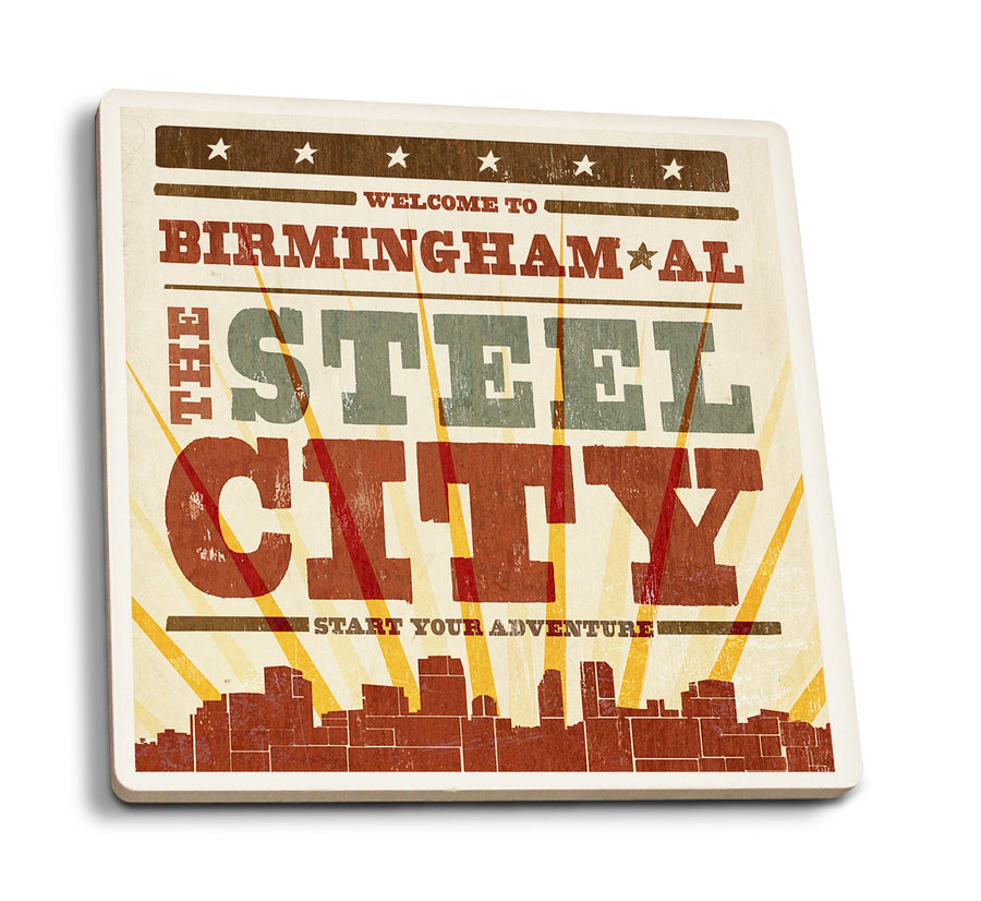 Birmingham, Alabama, Skyline & Sunburst Screenprint Style, Lantern Press Artwork, Coaster Set Coasters Lantern Press 