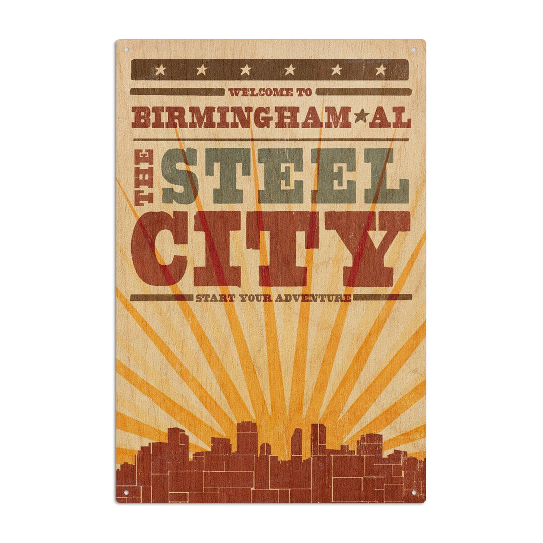 Birmingham, Alabama, Skyline & Sunburst Screenprint Style, Lantern Press Artwork, Wood Signs and Postcards Wood Lantern Press 10 x 15 Wood Sign 