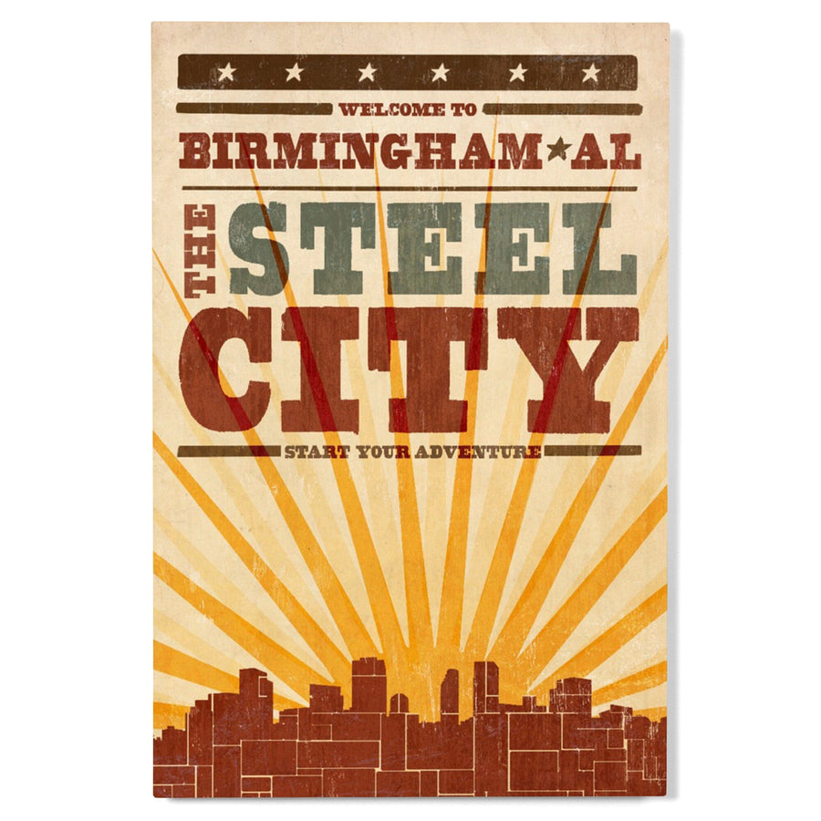 Birmingham, Alabama, Skyline & Sunburst Screenprint Style, Lantern Press Artwork, Wood Signs and Postcards Wood Lantern Press 