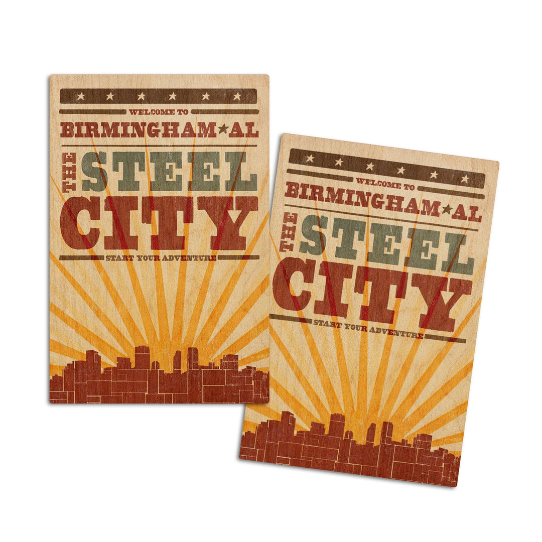 Birmingham, Alabama, Skyline & Sunburst Screenprint Style, Lantern Press Artwork, Wood Signs and Postcards Wood Lantern Press 4x6 Wood Postcard Set 