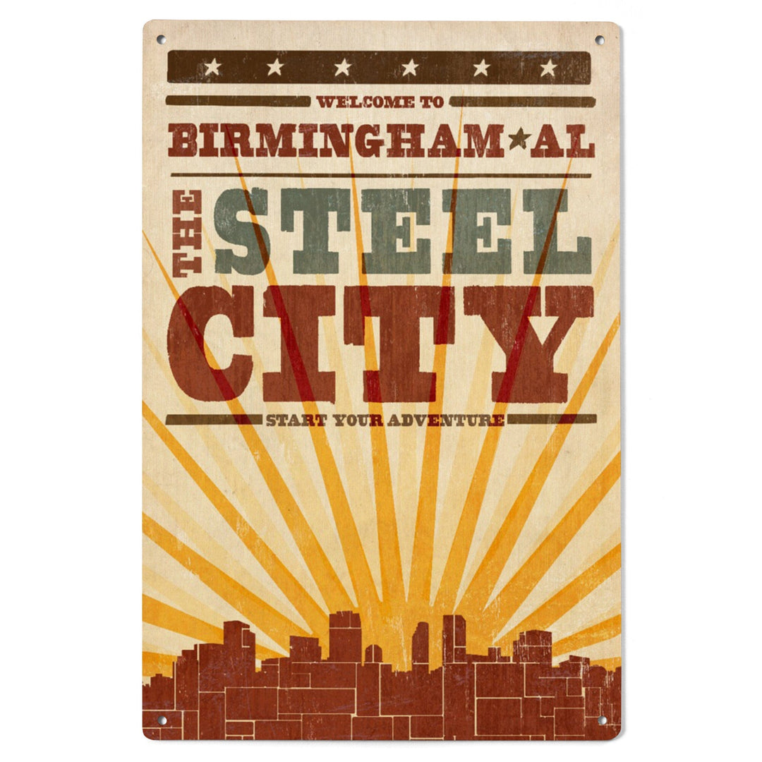Birmingham, Alabama, Skyline & Sunburst Screenprint Style, Lantern Press Artwork, Wood Signs and Postcards Wood Lantern Press 