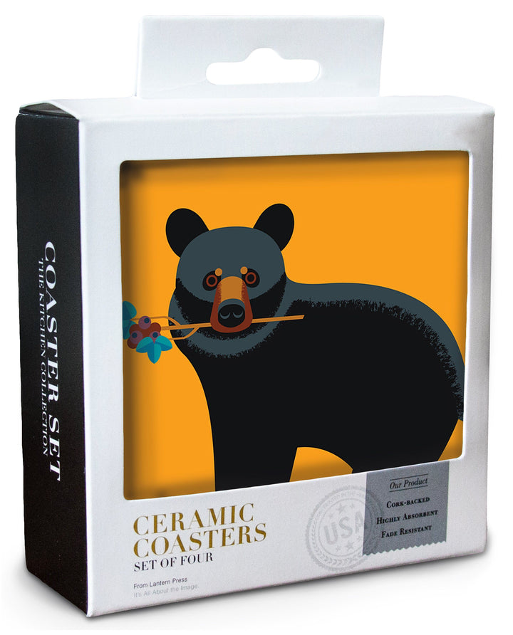Black Bear, Geometric, Contour, Lantern Press Artwork, Coaster Set Coasters Lantern Press 