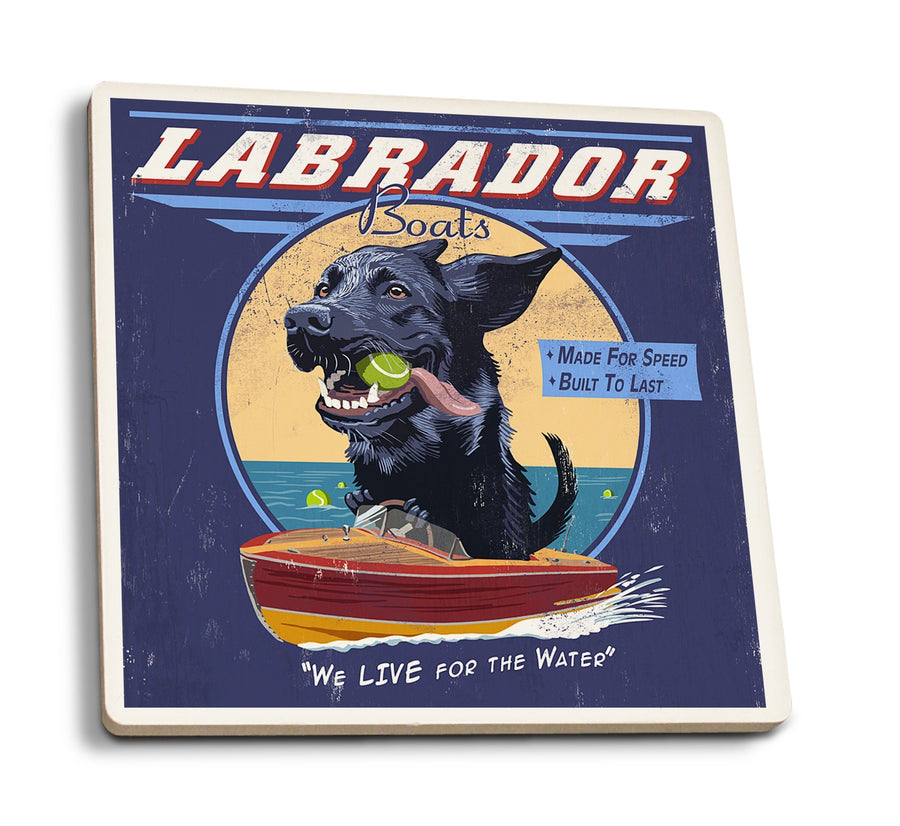 Black Labrador, Retro Boats Ad, Lantern Press Artwork, Coaster Set Coasters Lantern Press 