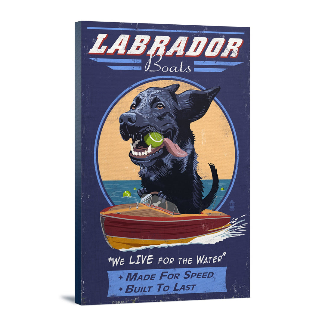 Black Labrador, Retro Boats Ad, Lantern Press Artwork, Stretched Canvas Canvas Lantern Press 12x18 Stretched Canvas 