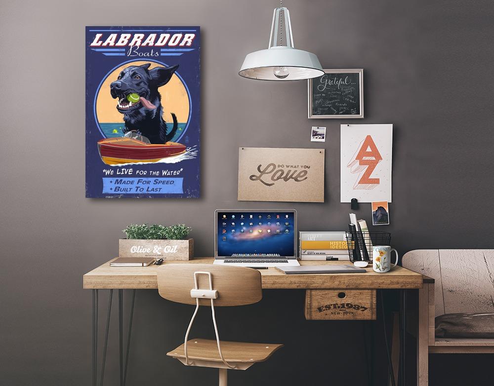 Black Labrador, Retro Boats Ad, Lantern Press Artwork, Stretched Canvas Canvas Lantern Press 