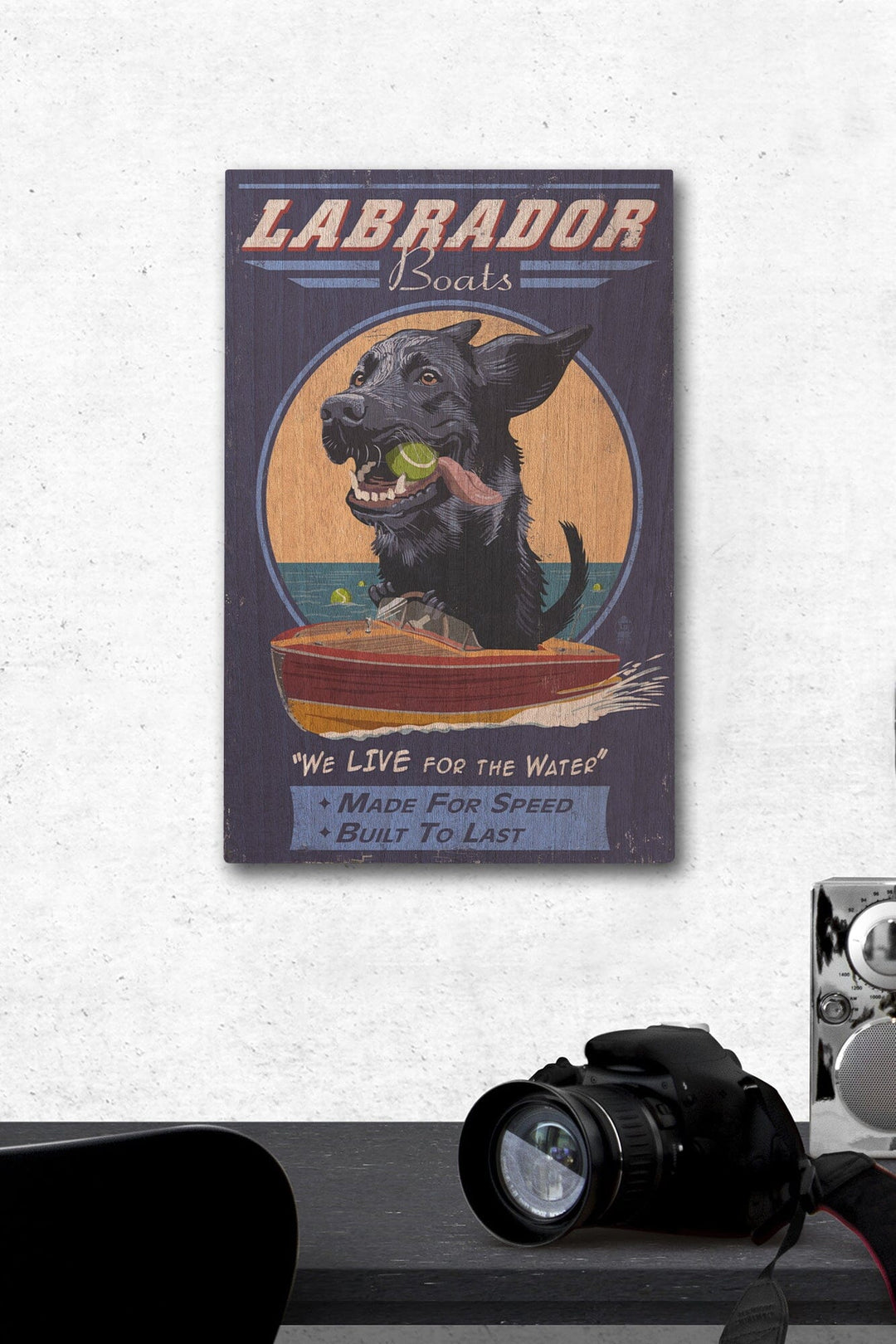 Black Labrador, Retro Boats Ad, Lantern Press Artwork, Wood Signs and Postcards Wood Lantern Press 12 x 18 Wood Gallery Print 