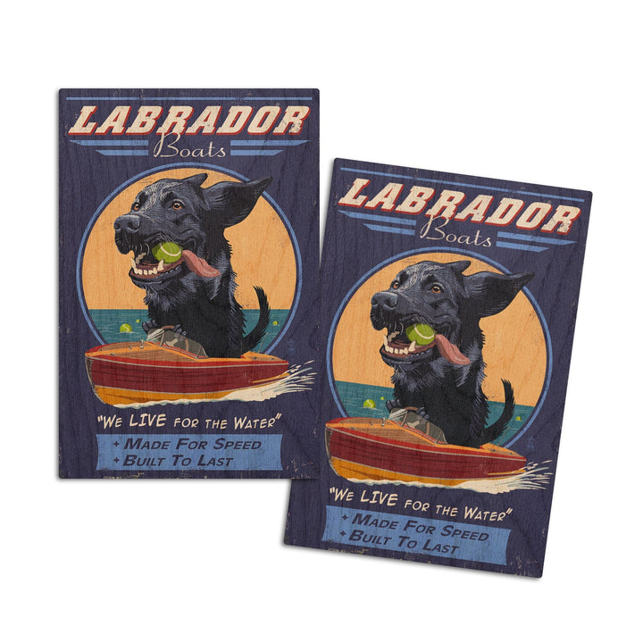 Black Labrador, Retro Boats Ad, Lantern Press Artwork, Wood Signs and Postcards Wood Lantern Press 4x6 Wood Postcard Set 