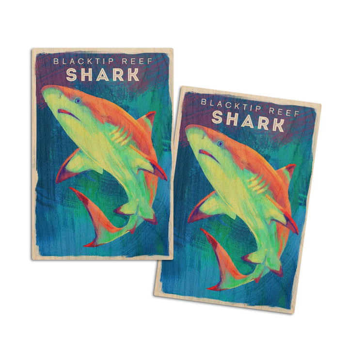 Blacktip Reef Shark, Vivid Series, Lantern Press Artwork, Wood Signs and Postcards Wood Lantern Press 4x6 Wood Postcard Set 