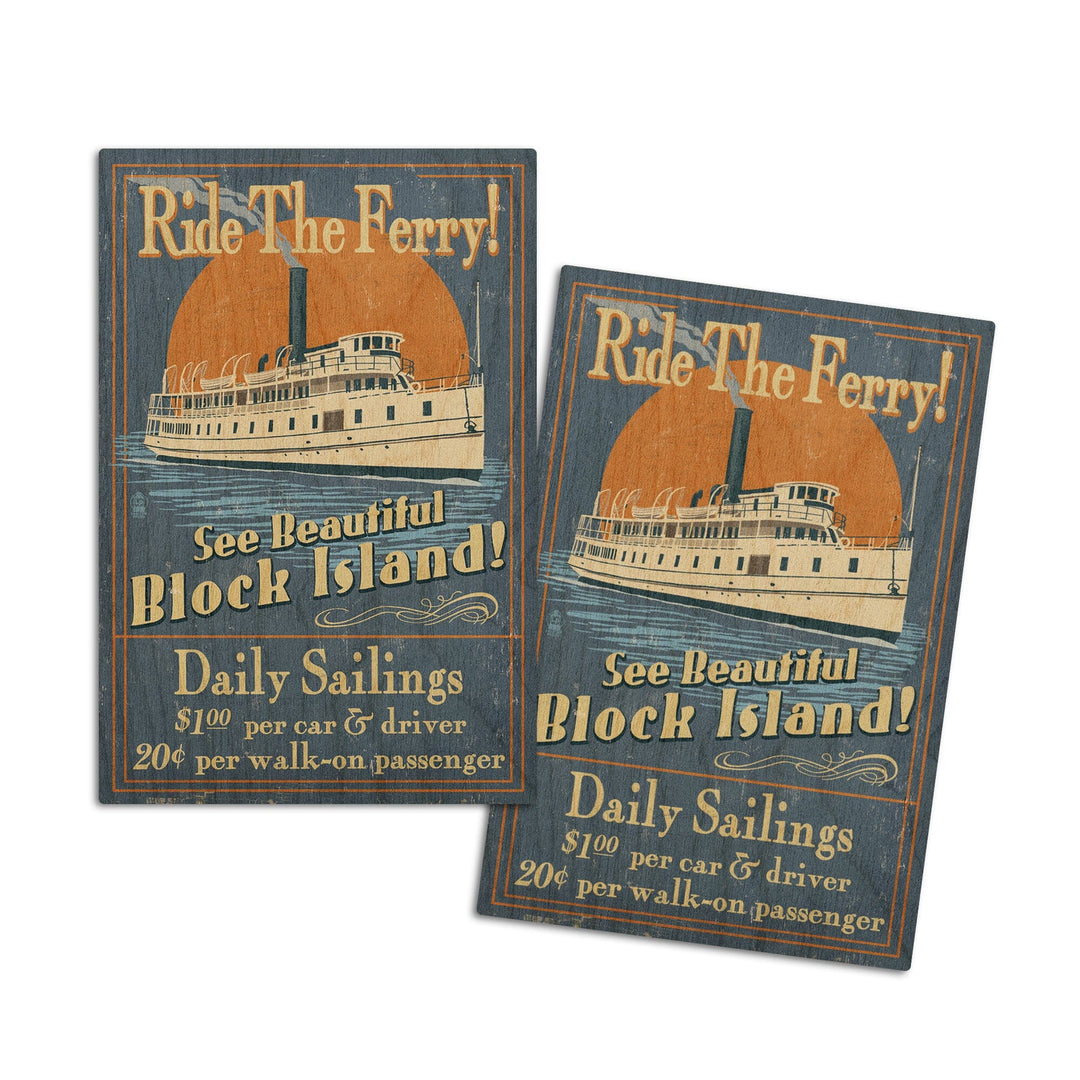 Block Island, Rhode Island, Ferry Ride Vintage Sign, Lantern Press Artwork, Wood Signs and Postcards Wood Lantern Press 4x6 Wood Postcard Set 