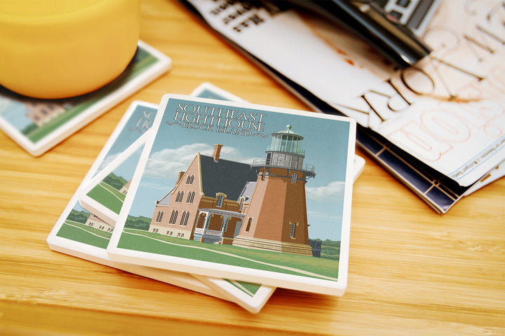 Block Island, Rhode Island, South East Lighthouse, Letterpress, Lantern Press Artwork, Coaster Set Coasters Lantern Press 