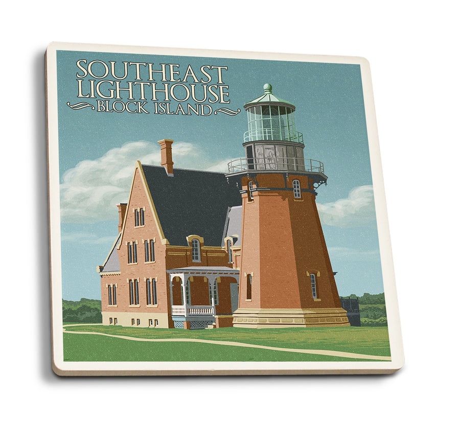 Block Island, Rhode Island, South East Lighthouse, Letterpress, Lantern Press Artwork, Coaster Set Coasters Lantern Press 