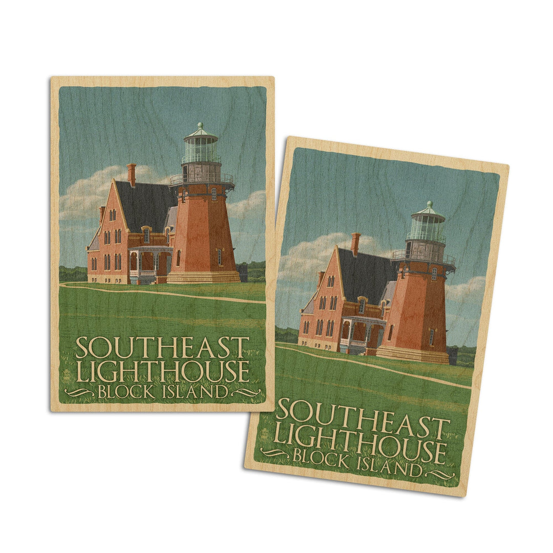 Block Island, Rhode Island, South East Lighthouse, Letterpress, Lantern Press Artwork, Wood Signs and Postcards Wood Lantern Press 4x6 Wood Postcard Set 