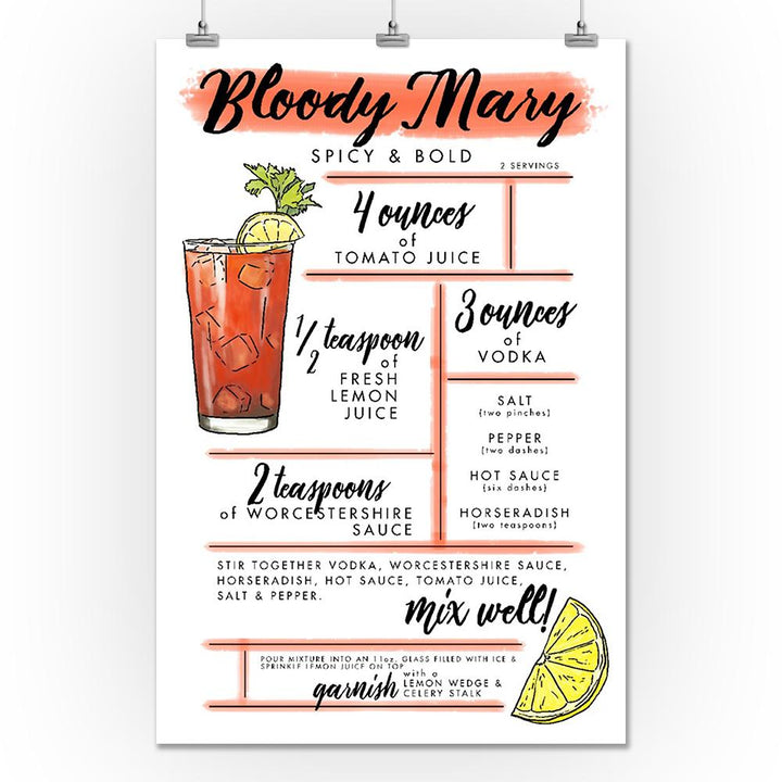 Bloody Mary, Cocktail Recipe, Lantern Press Artwork, Art Prints and Metal Signs Art Lantern Press 24 x 36 Giclee Print 