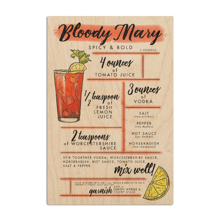 Bloody Mary, Cocktail Recipe, Lantern Press Artwork, Wood Signs and Postcards Wood Lantern Press 10 x 15 Wood Sign 