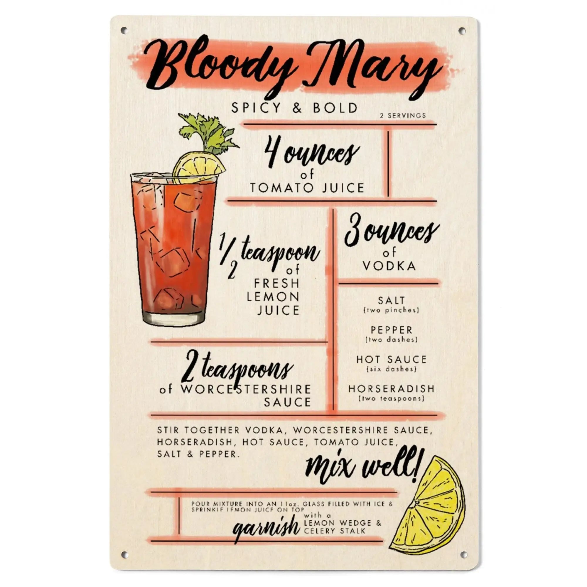 Bloody Mary, Cocktail Recipe, Lantern Press Artwork, Wood Signs and Po