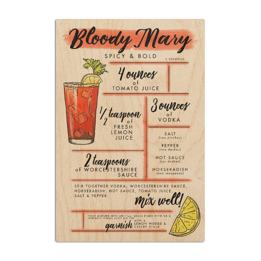 Bloody Mary, Cocktail Recipe, Lantern Press Artwork, Wood Signs and Postcards Wood Lantern Press 6x9 Wood Sign 