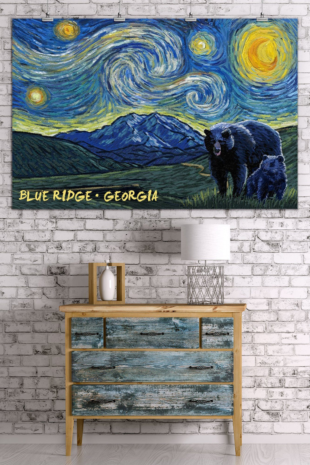 Blue Ridge, Georgia, Grizzly Bear & Cub, Starry Night, Lantern Press Artwork, Art Prints and Metal Signs Art Lantern Press 