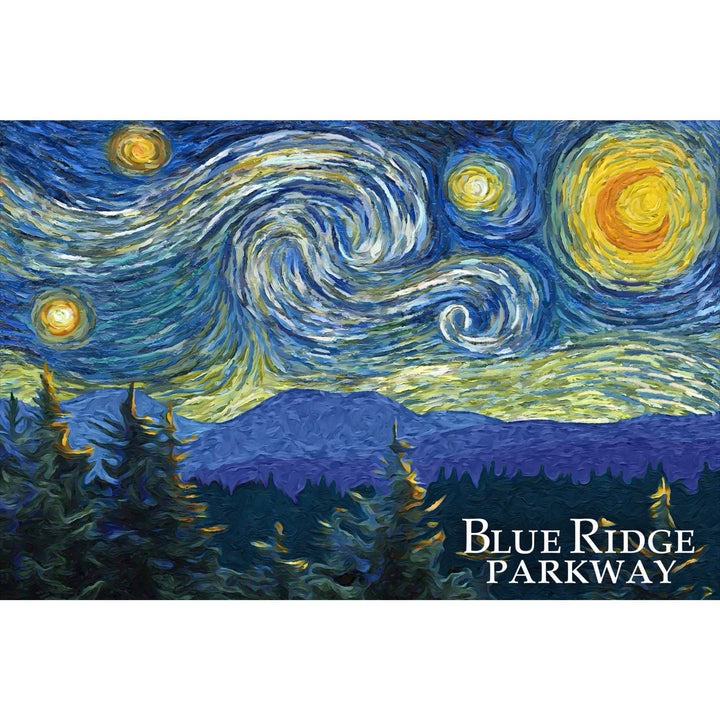 Blue Ridge Parkway, Starry Night, Lantern Press Artwork, Art Prints and Metal Signs Art Lantern Press 