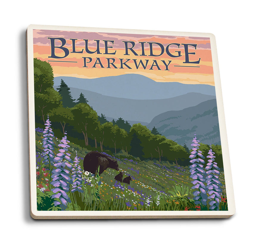 Blue Ridge Parkway, Virginia, Bear Family & Spring Flowers, Lantern Press Artwork, Coaster Set Coasters Lantern Press 