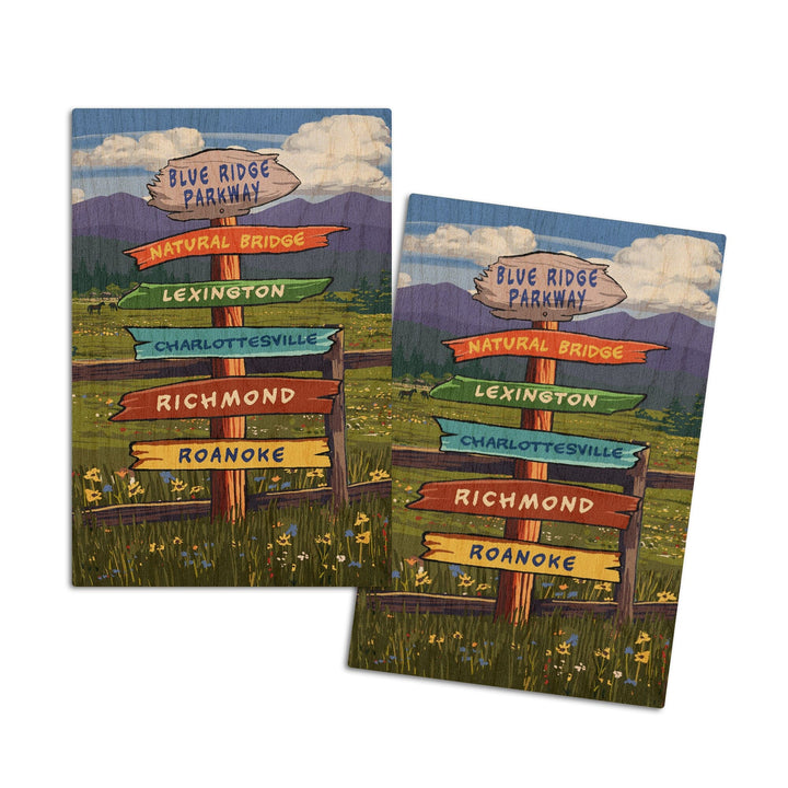 Blue Ridge Parkway, Virginia, Destination Signpost, Lantern Press Artwork, Wood Signs and Postcards Wood Lantern Press 4x6 Wood Postcard Set 