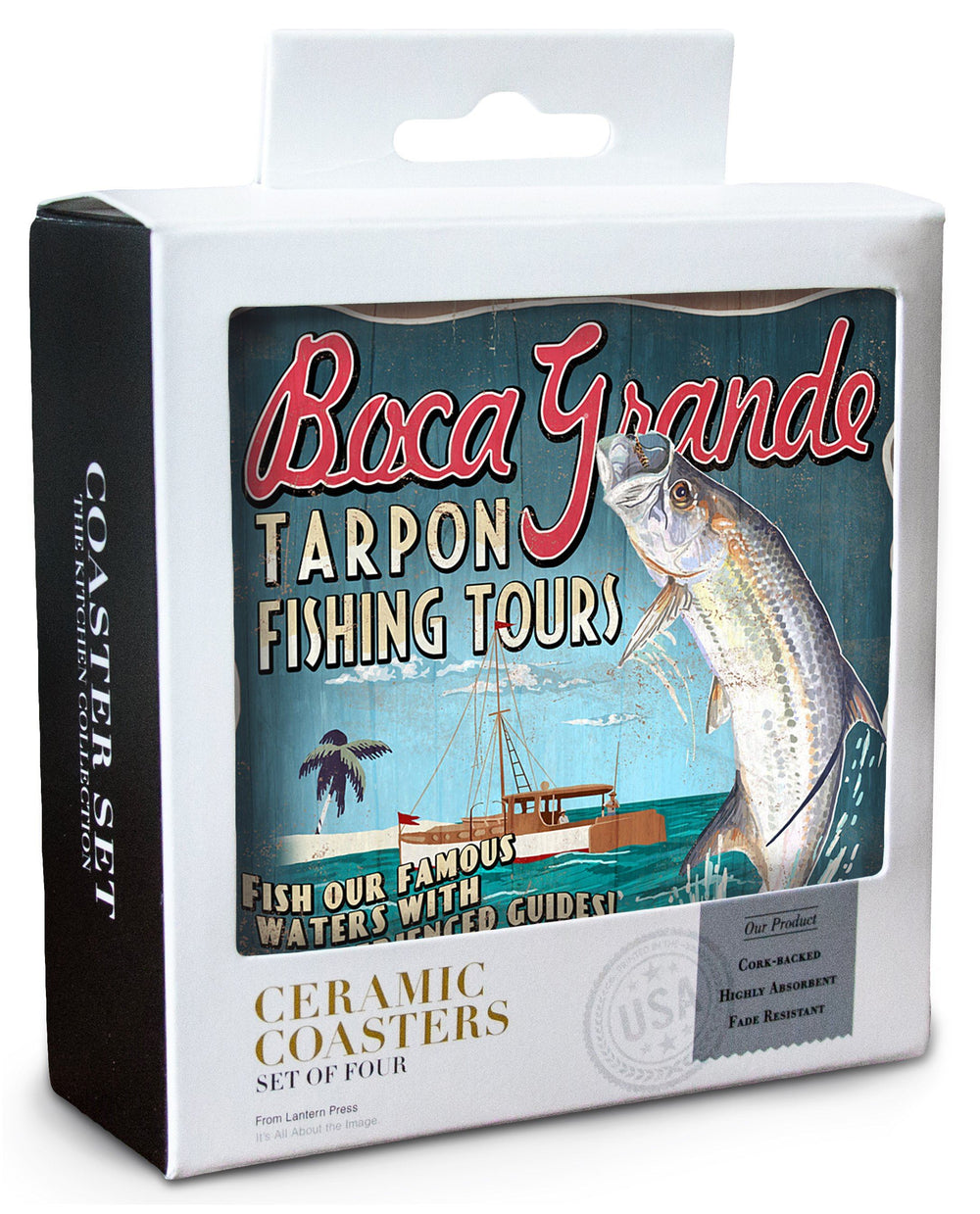 Boca Grande, Florida, Tarpon Fishing Tours Vintage Sign, Lantern Press Artwork, Coaster Set Coasters Lantern Press 