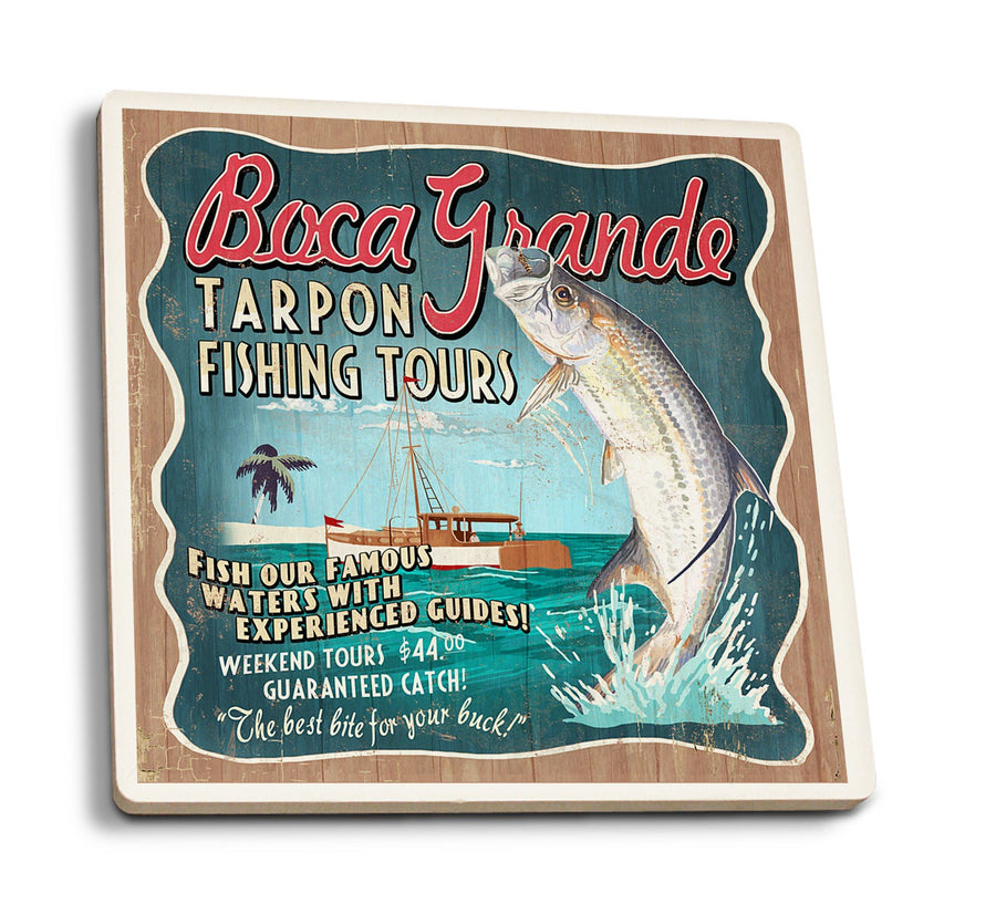Boca Grande, Florida, Tarpon Fishing Tours Vintage Sign, Lantern Press Artwork, Coaster Set Coasters Lantern Press 