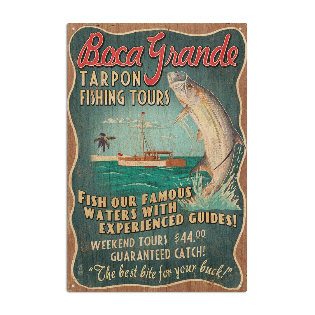 Boca Grande, Florida, Tarpon Fishing Tours Vintage Sign, Lantern Press Artwork, Wood Signs and Postcards Wood Lantern Press 10 x 15 Wood Sign 