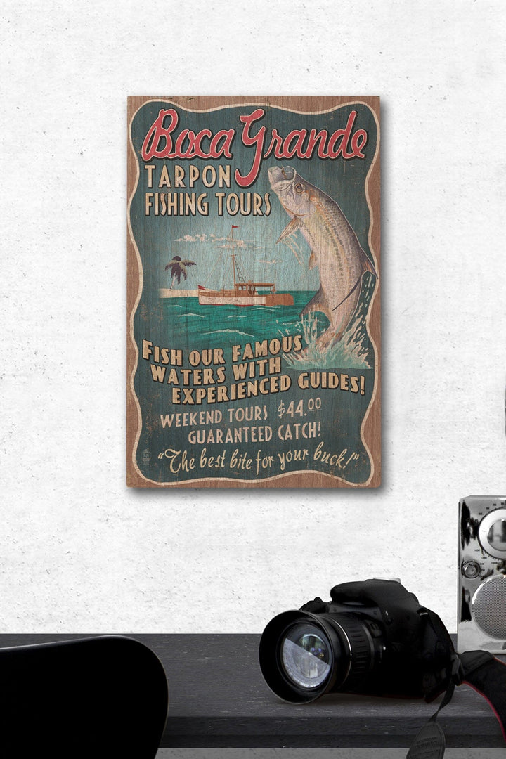 Boca Grande, Florida, Tarpon Fishing Tours Vintage Sign, Lantern Press Artwork, Wood Signs and Postcards Wood Lantern Press 12 x 18 Wood Gallery Print 