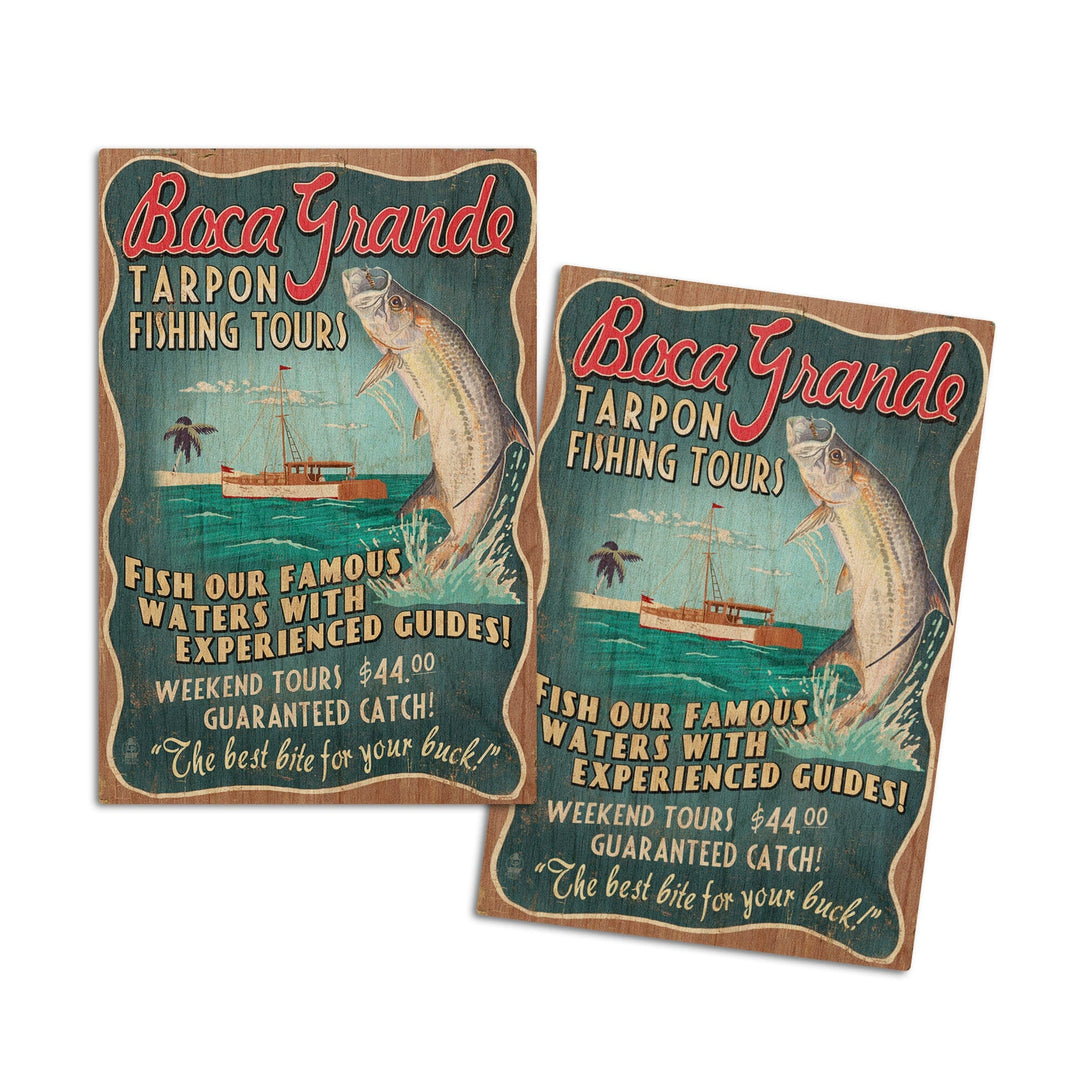 Boca Grande, Florida, Tarpon Fishing Tours Vintage Sign, Lantern Press Artwork, Wood Signs and Postcards Wood Lantern Press 4x6 Wood Postcard Set 