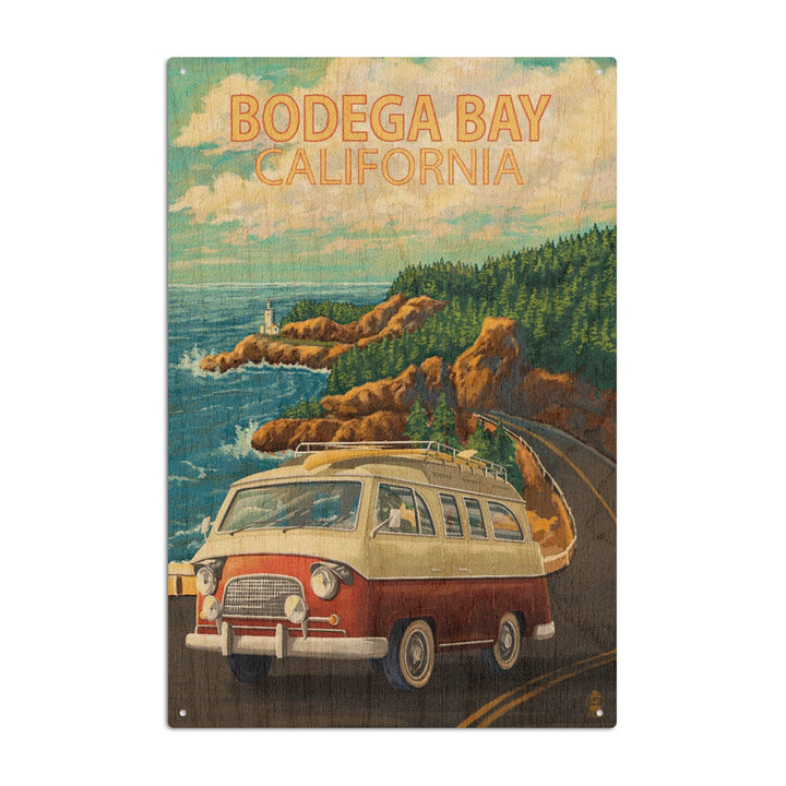 Bodega Bay, California, Camper Van, Lantern Press Artwork, Wood Signs and Postcards Wood Lantern Press 10 x 15 Wood Sign 