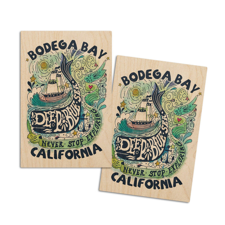 Bodega Bay, California, Watercolor Whale, Deep Blue Sea, Nautical Art, Contour, Lantern Press Artwork, Wood Signs and Postcards Wood Lantern Press 4x6 Wood Postcard Set 