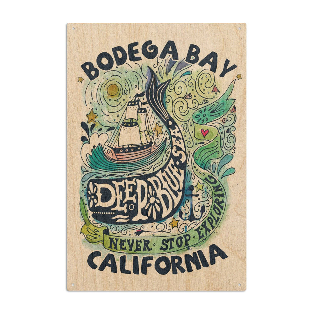 Bodega Bay, California, Watercolor Whale, Deep Blue Sea, Nautical Art, Contour, Lantern Press Artwork, Wood Signs and Postcards Wood Lantern Press 6x9 Wood Sign 