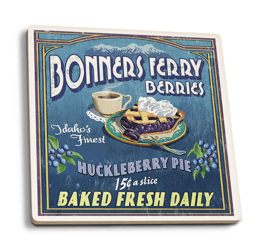 Bonners Ferry, Idaho, Huckleberry Pie Vintage Sign, Lantern Press Artwork, Coaster Set Coasters Lantern Press 