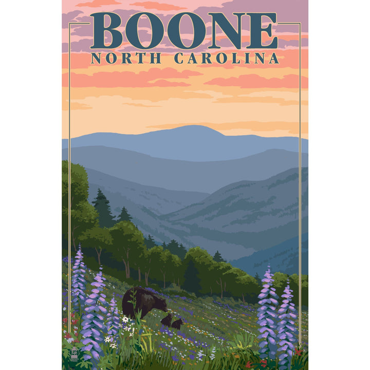 Boone, North Carolina, Bear and Spring Flowers, Lantern Press Artwork, Art Prints and Metal Signs Art Lantern Press 