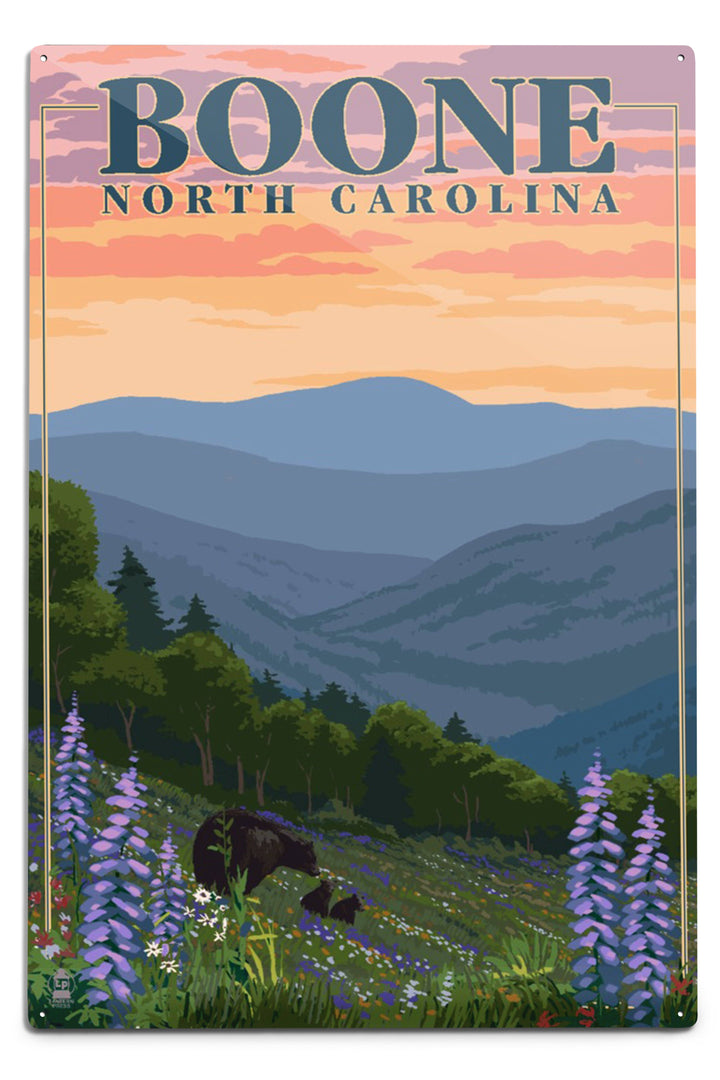 Boone, North Carolina, Bear and Spring Flowers, Lantern Press Artwork, Art Prints and Metal Signs Art Lantern Press 