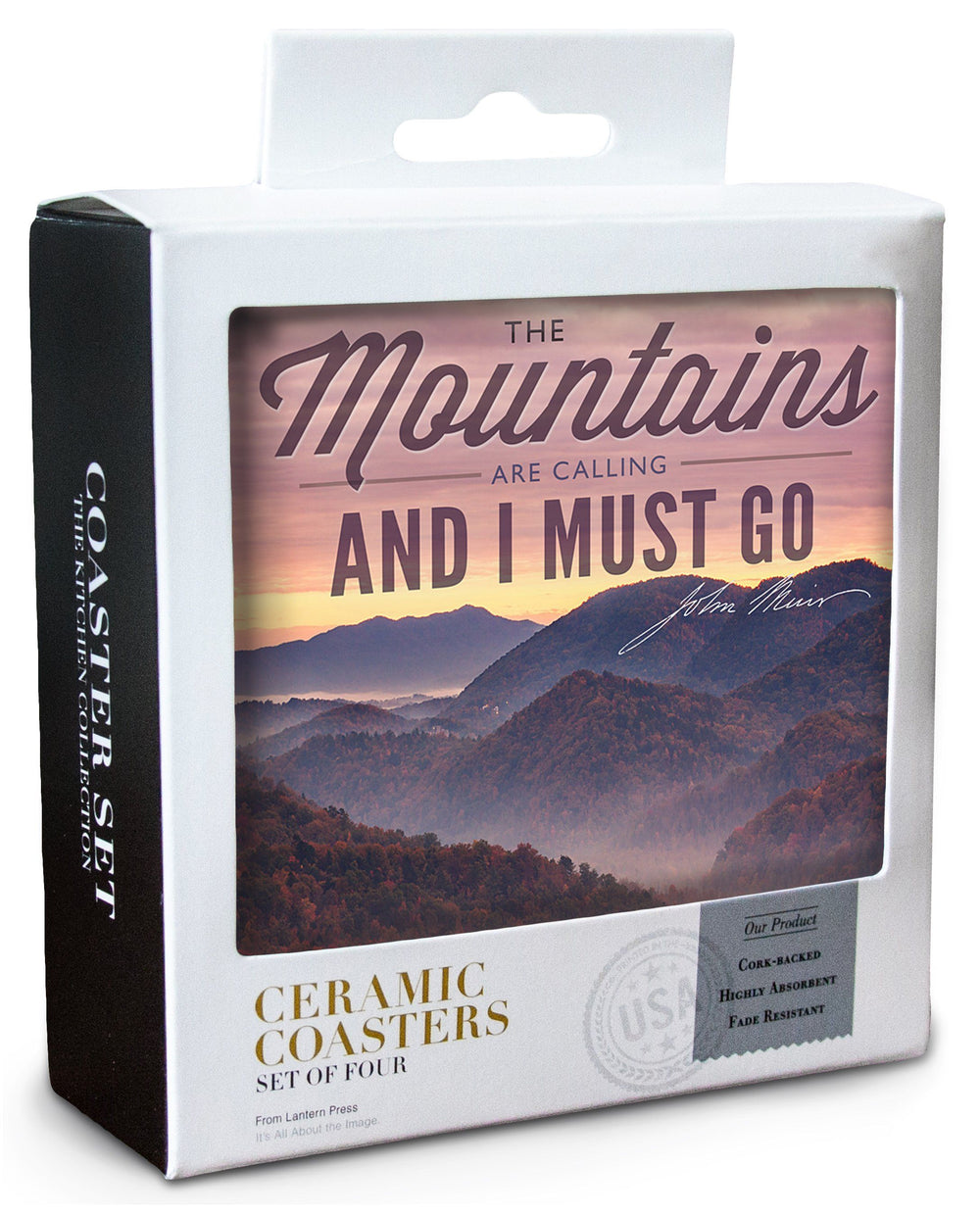 Boone, North Carolina, John Muir, The Mountains Are Calling, Sunset, Lantern Press, Coaster Set Coasters Lantern Press 