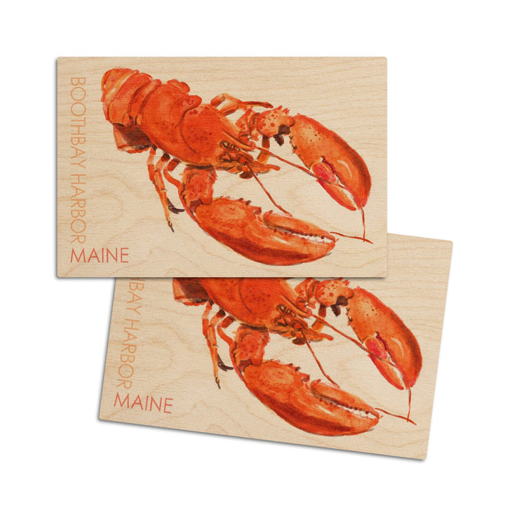 Boothbay Harbor, Maine, Lobster, Watercolor, Lantern Press Artwork, Wood Signs and Postcards Wood Lantern Press 4x6 Wood Postcard Set 