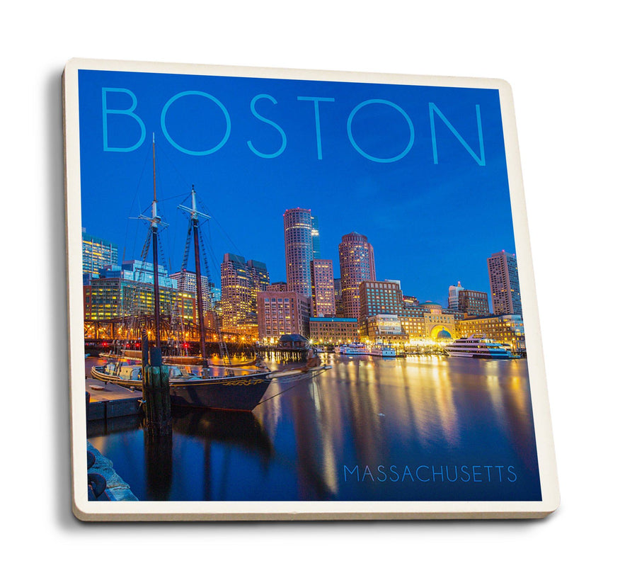 Boston, Massachusetts, Fan Pier at Night, Lantern Press Photography, Coaster Set Coasters Lantern Press 