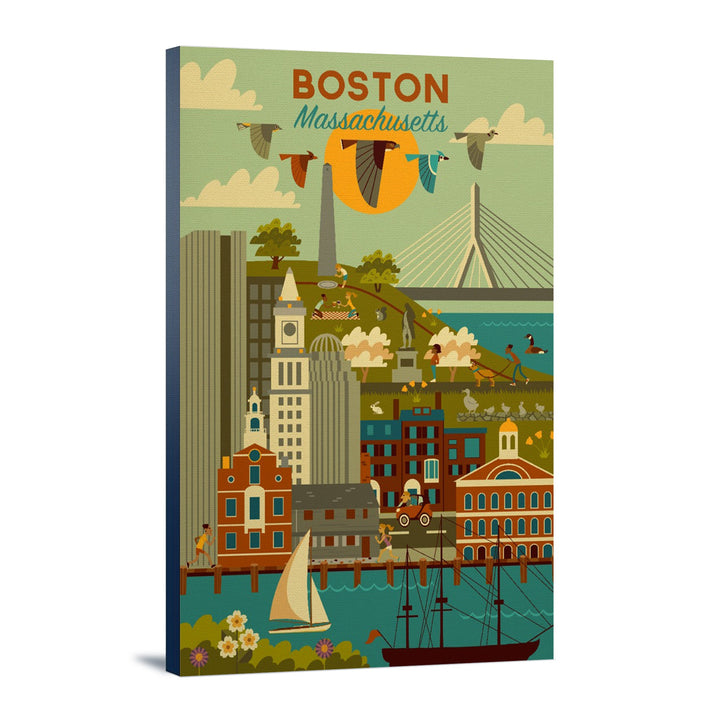 Boston, Massachusetts, Geometric City Series, Lantern Press Artwork, Stretched Canvas Canvas Lantern Press 24x36 Stretched Canvas 